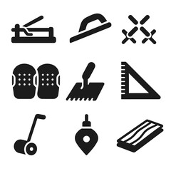 Fototapeta premium Flooring Installation Icons. Solid, filled icons set of flooring installation: tile cutter, grout float,