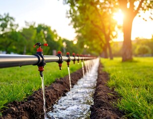 Irrigation system watering a park lawn at sunset