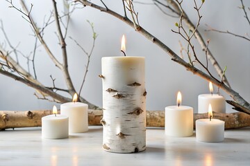 Rustic birch bark pillar candles for cozy, natural woodland home decor.