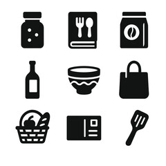 Food Souvenir Icons. Solid, filled icon set of food tour souvenirs: spice jar, recipe book, coffee bag, wine bottle, handmade