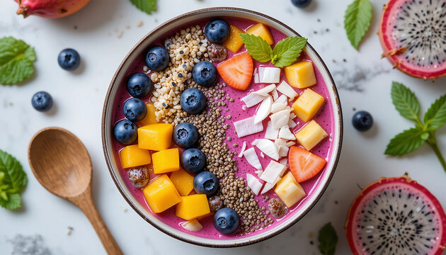Vibrant dragon fruit smoothie bowl topped with fresh berries and mango