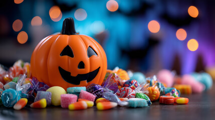 Festive Halloween Pumpkin and Candy Still Life Scene