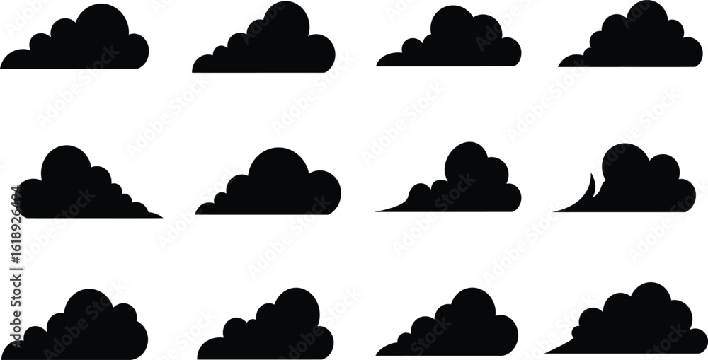 Poster seamless pattern of stylized black clouds on transparent background for design projects and creative