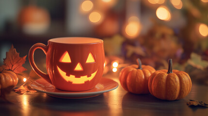 Festive Jack O Lantern Mug with Pumpkins and Autumn Decor
