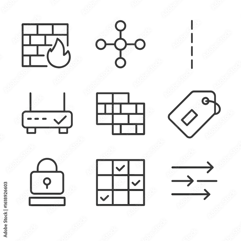 Poster network segmentation icons. outline icon set of network segmentation and zoning: dmz wall, core netw
