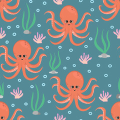Cute octopus underwater seamless pattern. Vector Illustration for printing, backgrounds, covers and packaging. Image can be used for greeting cards, posters and textile. Isolated on green background.
