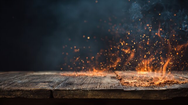 Embers and sparks on rustic wooden table dark background