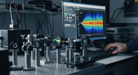 Laboratory fiber Bragggrating inscription setup with integrated beam shaping optics and computer interface for designing complex grating patterns.