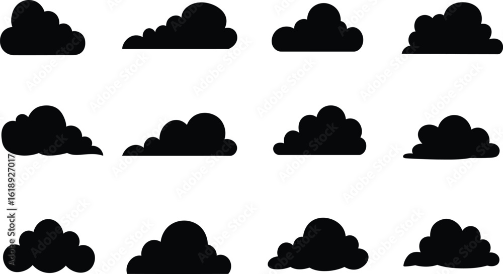 Poster seamless pattern of black cloud silhouettes on transparent background for weather forecasts and desi