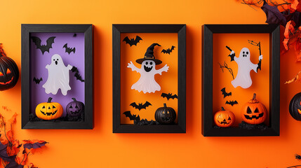Framed Ghost Art with Pumpkins on Orange Background