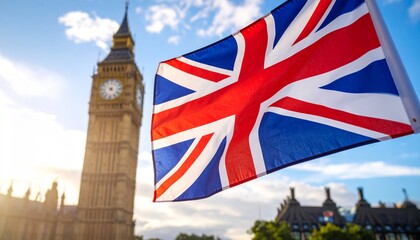 Fototapeta premium Flag of the United Kingdom in the foreground with the background