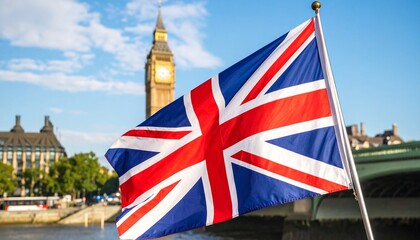 Fototapeta premium Flag of the United Kingdom in the foreground with the background