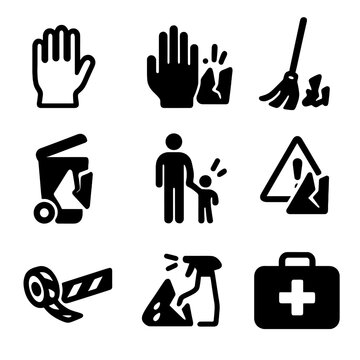 Glass Safety Icons. Solid, filled icon set of glass breakage safety tips: wear gloves, avoid bare hands, use broom, dispose