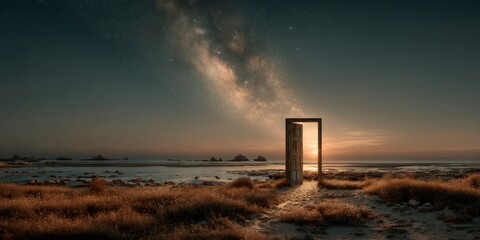 Open door on the beach leading to the milky way galaxy at sunset