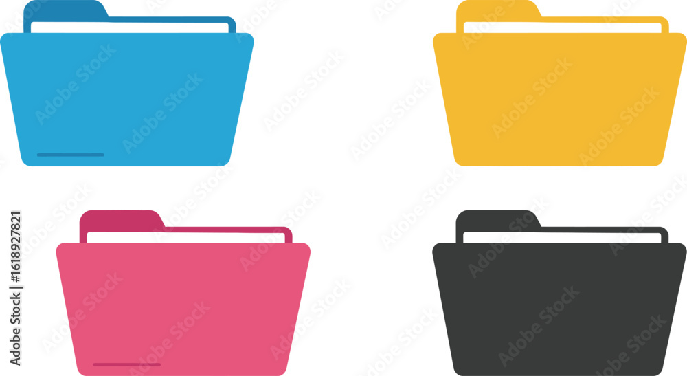 Poster colorful folder icons set for file management and organization on transparent background