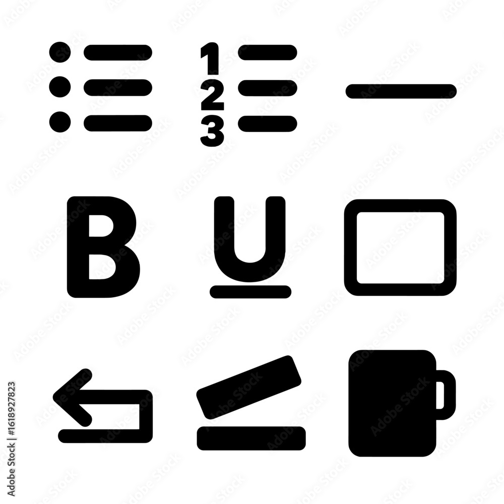 Poster grid of text icons. solid, filled icons set of note structure and clarity: bullet list, numbered lis