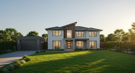 Elegant panoramic view of modern house with garage and green lawn property in prime location