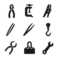 Fototapeta premium Gripping Tools Icons. Solid, filled icon set of gripping tools: pliers, clamp, vise grip, tongs, tweezers, suction tool, hook