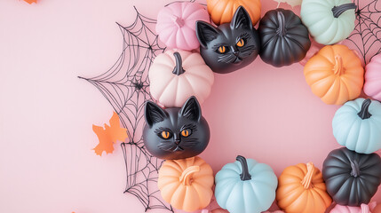 Halloween Flat Lay with Pastel Pumpkins and Black Cats
