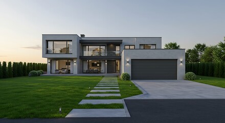 Modern panoramic view of modern house with garage and green lawn home with unique design