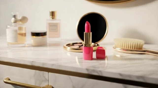 Bright pink lipstick on a marble countertop with cosmetic accessories and perfume bottles