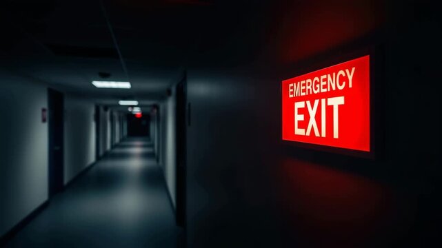Dark and unsettling corridor with a glowing red emergency exit sign on the wall