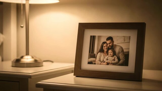Family photo in a frame on a bedside table with a lamp providing soft light