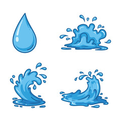 Cartoon Water Collection Drop Splash and Wave Illustrations on White Background