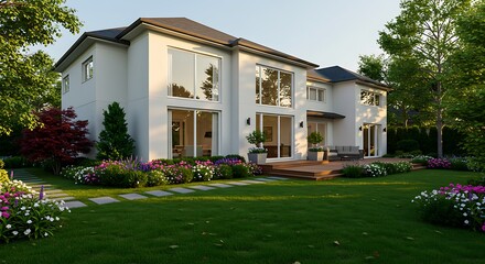 Stunning luxury house in the suburbs of canada with nicely trimmed and manicured garden, landscaping, on a sunny day residence featuring premium amenities