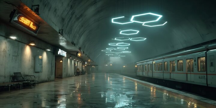 Futuristic subway station with waiting train and hexagonal lights