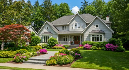 Contemporary luxury house in the suburbs of canada with nicely trimmed and manicured garden, landscaping, on a sunny day home with unique design