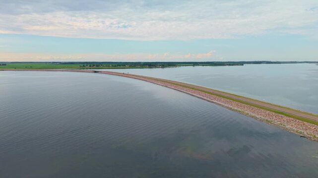 A scenic road extending into Devils Lake, North Dakota, connecting the mainland to Grahams Island State Park