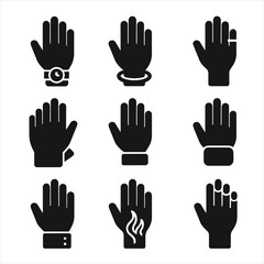 Fototapeta premium High Five Accessories Icons. Solid, filled icon set of high five accessories: wristwatch, bracelet, ring, gloves, arm band,