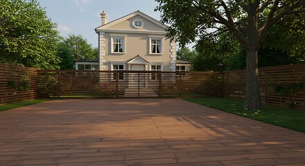 Elegant wooden yard has brown color rectangle shape bars, there is a tree from the right side, the mansion has about four windows and one door, property in prime location