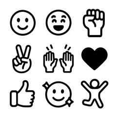 Fototapeta premium High Five Emotions Icons. Solid, filled icon set of high five emotions: happy face, excited face, fist raised, victory sign,
