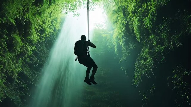 Silhouette of a climber rappelling down a rope in a lush green cave with a waterfall