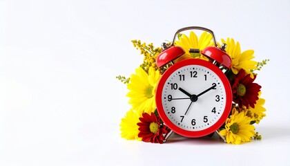 Brightly colored red alarm clock surrounded by vibrant yellow and red flowers on a clean white background