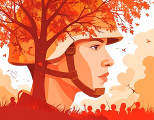 Conceptual portrayal of a soldier's face intertwined with elements of nature and the chaos of war amidst an autumn backdrop