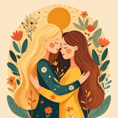 Stylized embrace of two figures among blooms, captured in warm golden tones and surrounded by nature
