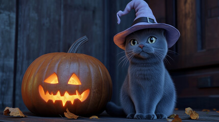Halloween Kitten with Witch Hat and Pumpkin