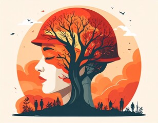 Conceptual illustration blending a soldier's face with nature and war imagery depicting resilience and harmony
