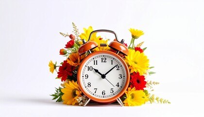 Springtime joy with a retro red alarm clock surrounded by vibrant yellow and red flowers