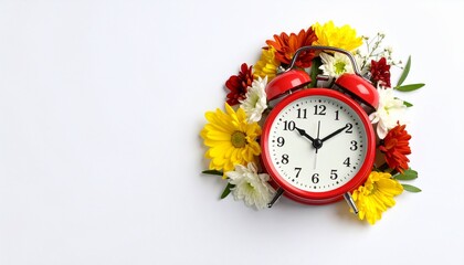 Retro red alarm clock decorated with vibrant yellow and red flowers on a bright white background creates a cheerful ambiance and timeless charm