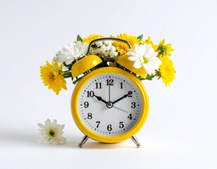 Bright retro yellow alarm clock adorned with cheerful yellow and white flowers for a spring floral composition