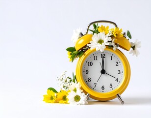 Bright yellow alarm clock adorned with spring flowers creates a cheerful atmosphere for a fresh start