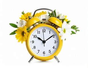 Bright yellow retro alarm clock adorned with spring flowers creates a cheerful atmosphere for any setting