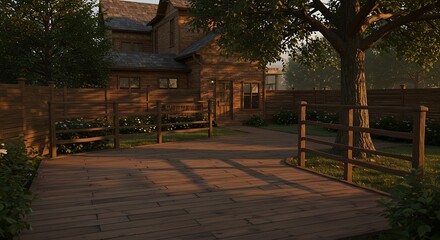 External view of modern and beautiful home with large backyard, panorama