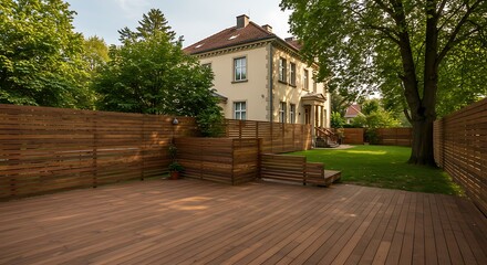 Luxurious wooden yard has brown color rectangle shape bars, there is a tree from the right side, the mansion has about four windows and one door, property in prime location