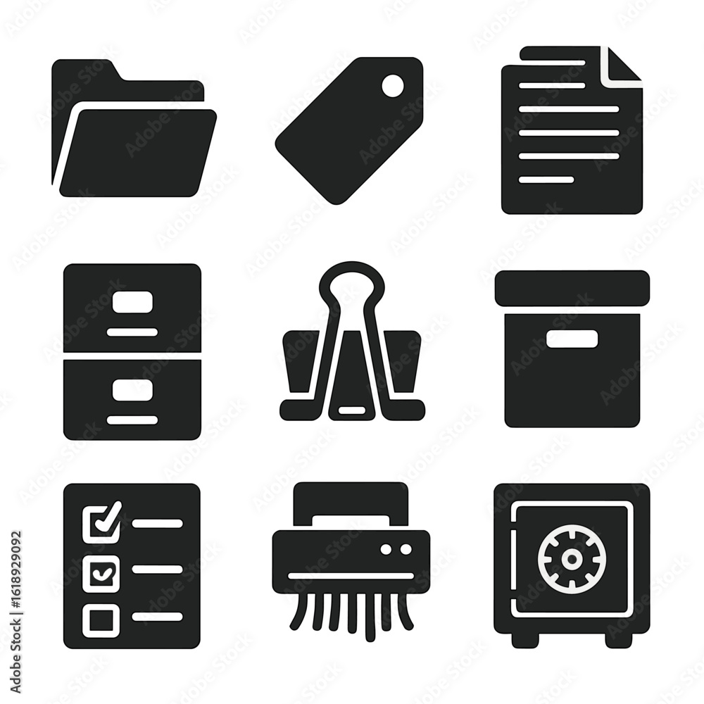 Poster home filing icons. solid, filled icons set of creating a home filing system for important papers: fi