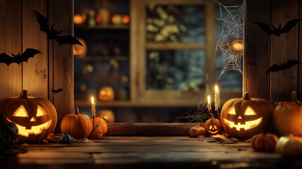 Halloween Night Scene with Jack O Lanterns and Bats